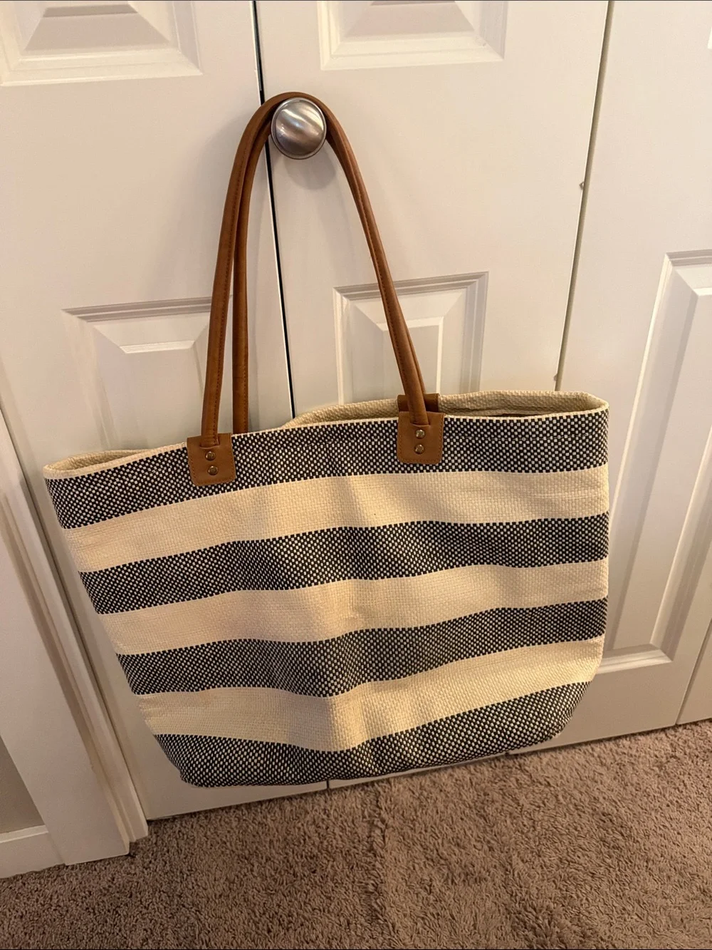 Striped Straw Tote Bag with Brown Handles